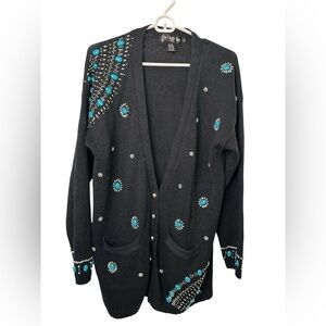 Le Chois Cardigan Medium Black Embellished Knit Sweater Silver Blue Beads NWOT